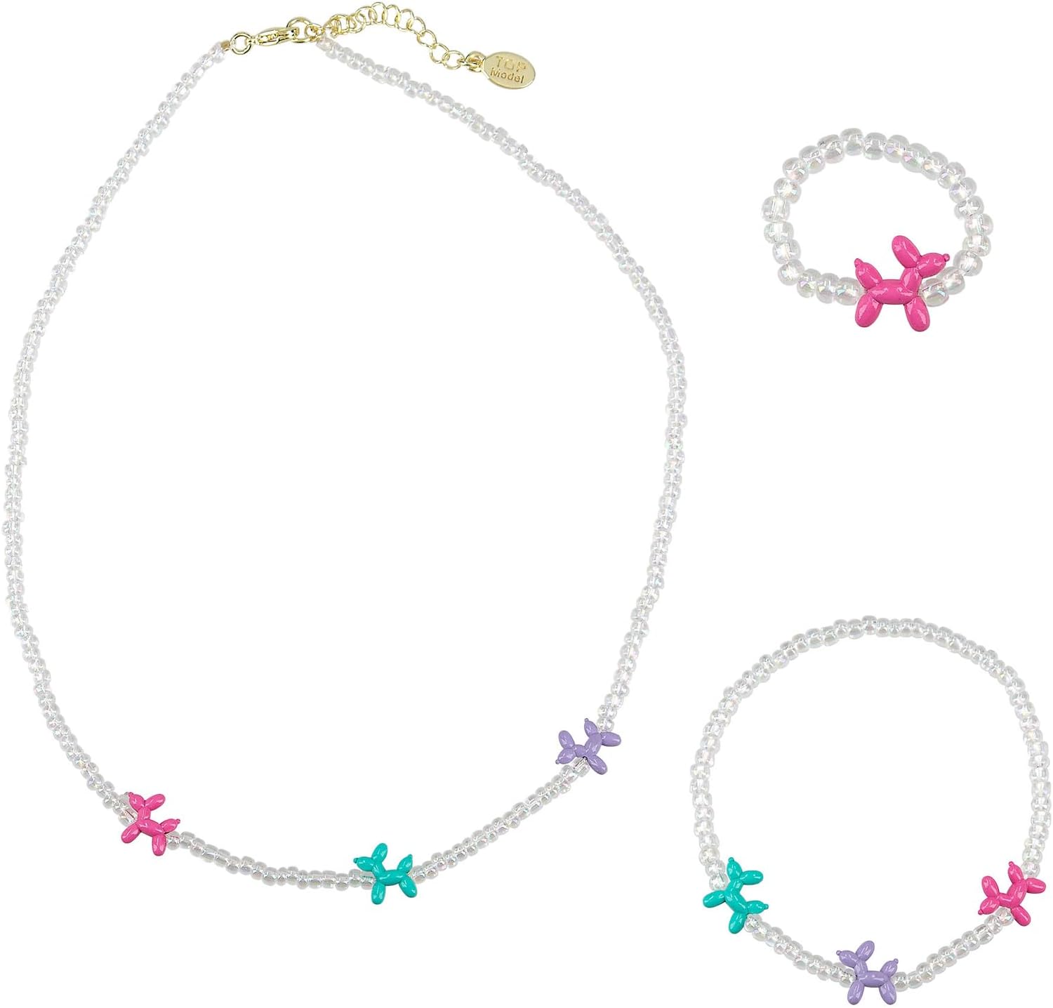 Depesche TOPModel 14062 Jewellery Set with Chain, Bracelet and Ring, White Pearls and Colourful Balloon Dogs, Adjustable Length and Elastic Band