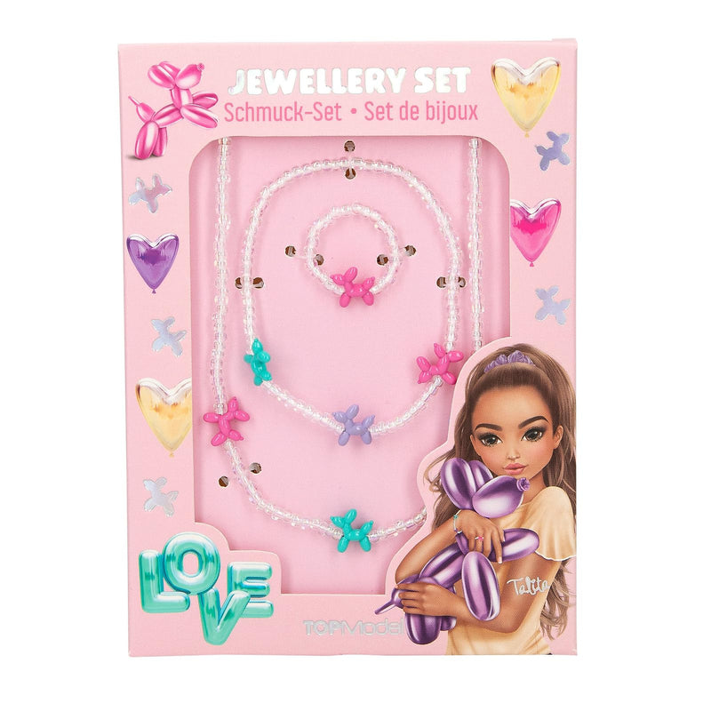 Depesche TOPModel 14062 Jewellery Set with Chain, Bracelet and Ring, White Pearls and Colourful Balloon Dogs, Adjustable Length and Elastic Band