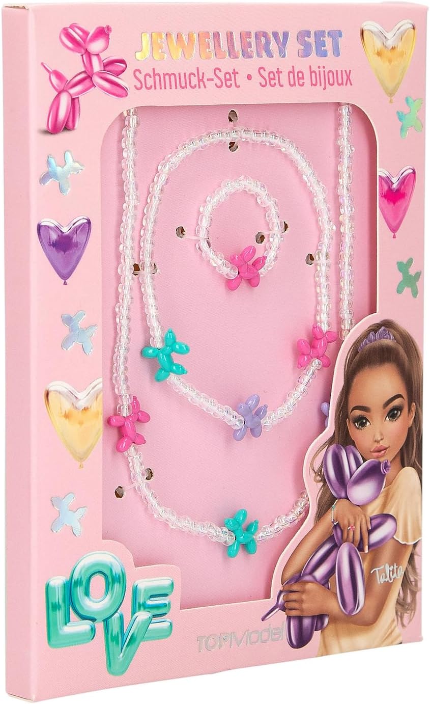 Depesche TOPModel 14062 Jewellery Set with Chain, Bracelet and Ring, White Pearls and Colourful Balloon Dogs, Adjustable Length and Elastic Band