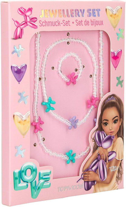 Depesche TOPModel 14062 Jewellery Set with Chain, Bracelet and Ring, White Pearls and Colourful Balloon Dogs, Adjustable Length and Elastic Band