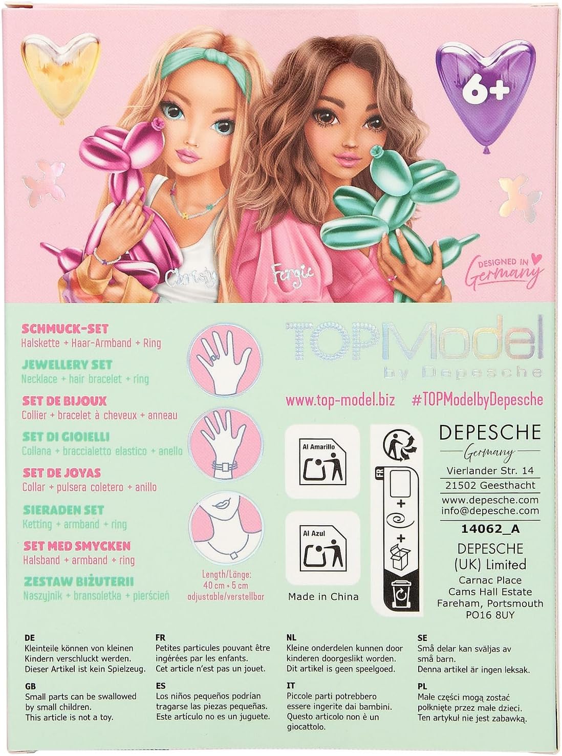 Depesche TOPModel 14062 Jewellery Set with Chain, Bracelet and Ring, White Pearls and Colourful Balloon Dogs, Adjustable Length and Elastic Band