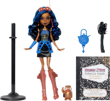 Monster High Boo-riginal Creeproduction Doll, Robecca Steam Collectible Reproduction with Doll Stand, Diary, and Pet Penguin Captain Penny, JHK59