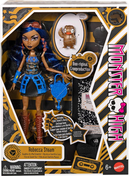 Monster High Boo-riginal Creeproduction Doll, Robecca Steam Collectible Reproduction with Doll Stand, Diary, and Pet Penguin Captain Penny, JHK59