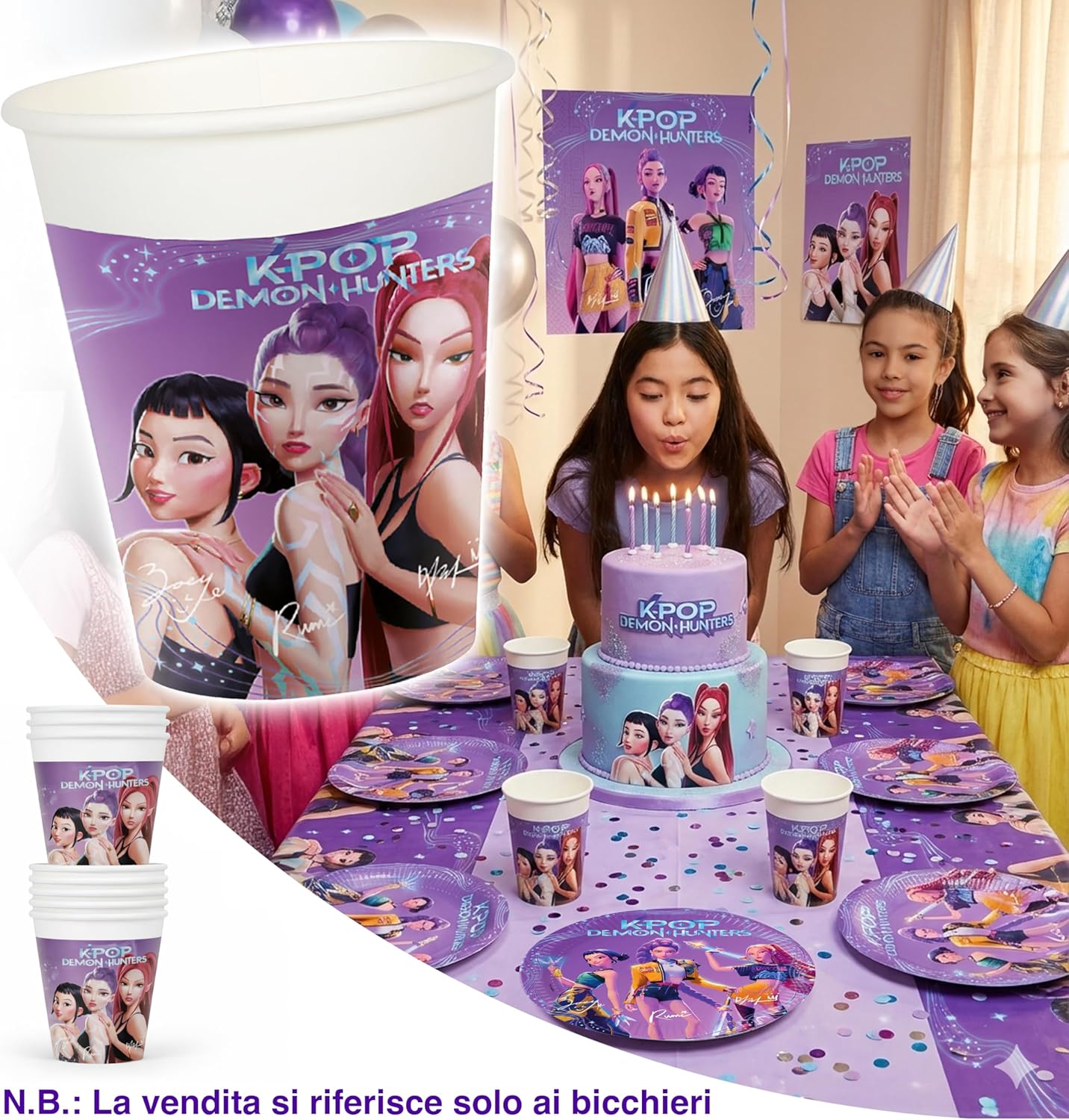 8 Bicchieri K-pop Demon Hunters in Carta 200 ml, Decorazione Festa Compleanno, Bevande, Tavola, per Bambini