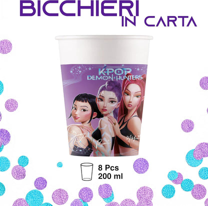 8 Bicchieri K-pop Demon Hunters in Carta 200 ml, Decorazione Festa Compleanno, Bevande, Tavola, per Bambini