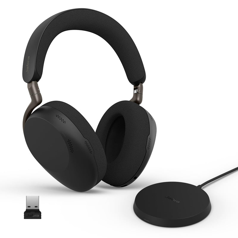 Jabra Evolve3 85 Over-Ear Wireless Bluetooth Headset with Mic and Wireless Charging Stand for Work, USB-A, AI Voice Call Technology, Adaptive ANC, 25-Hour Battery, Works with Meeting Apps, Black