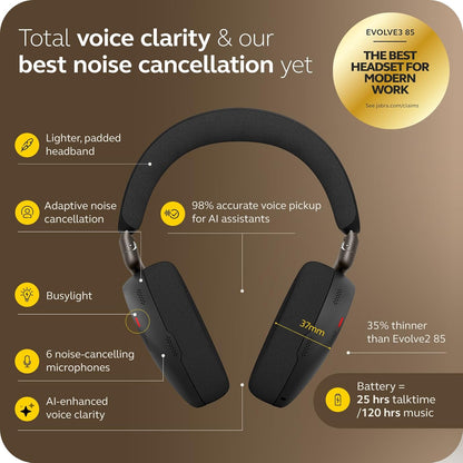 Jabra Evolve3 85 Over-Ear Wireless Bluetooth Headset with Mic and Wireless Charging Stand for Work, USB-A, AI Voice Call Technology, Adaptive ANC, 25-Hour Battery, Works with Meeting Apps, Black