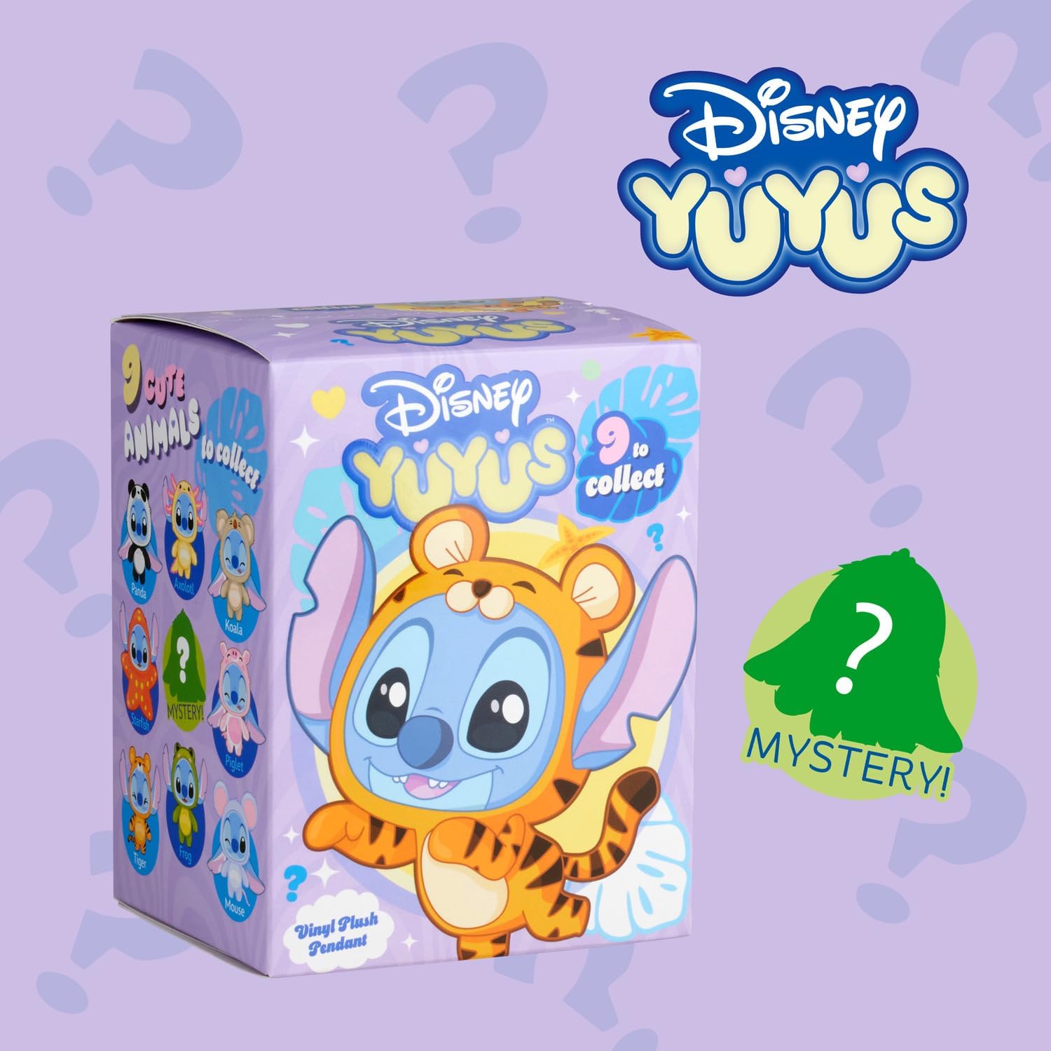 Disney YuYus Stitch Wave 1 – Plüsch-Vinyl-Charms im Blindbox-Format, Bag-Charm-Trend, 9 tierische Designs wie Tiger oder Axolotl, Karabiner, Überraschungsfigur, ca. 12 cm, für Kinder & Fans