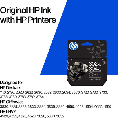 HP 302XL/304XL High Yield Black Original Ink Cartridge (B7RT9AE) - Works DeskJet 1110, 2130, 3630, 2600 & 3700 series, OfficeJet 3830, 4650 series, ENVY 4520 series, 5020, 5030, 5032