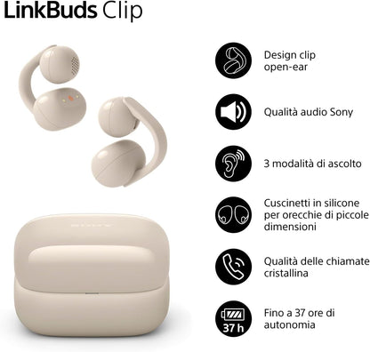Sony LinkBuds Clip cuffie open-ear, design a clip confortevole, 3 modalità di ascolto, IPX4, chiamate nitide, batteria fino a 37 ore, assistente vocale AI, controllo touch, iOS e Android –