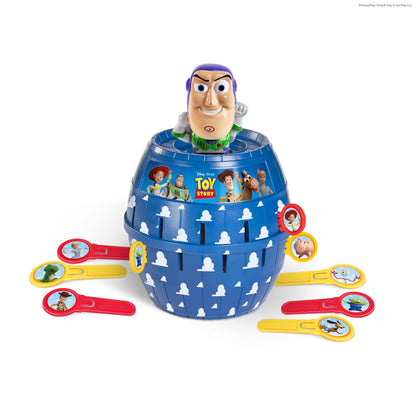 TOMY Pop Up Buzz Lightyear Game, Toy Story Kids Action Game, Family Guessing Game with Pegs, Fun Disney Pixar Buzz Lightyear Barrel Game, Fast Turn-Taking Play for 2–4 Players, Ages 4+