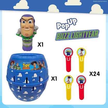 TOMY Pop Up Buzz Lightyear Game, Toy Story Kids Action Game, Family Guessing Game with Pegs, Fun Disney Pixar Buzz Lightyear Barrel Game, Fast Turn-Taking Play for 2–4 Players, Ages 4+