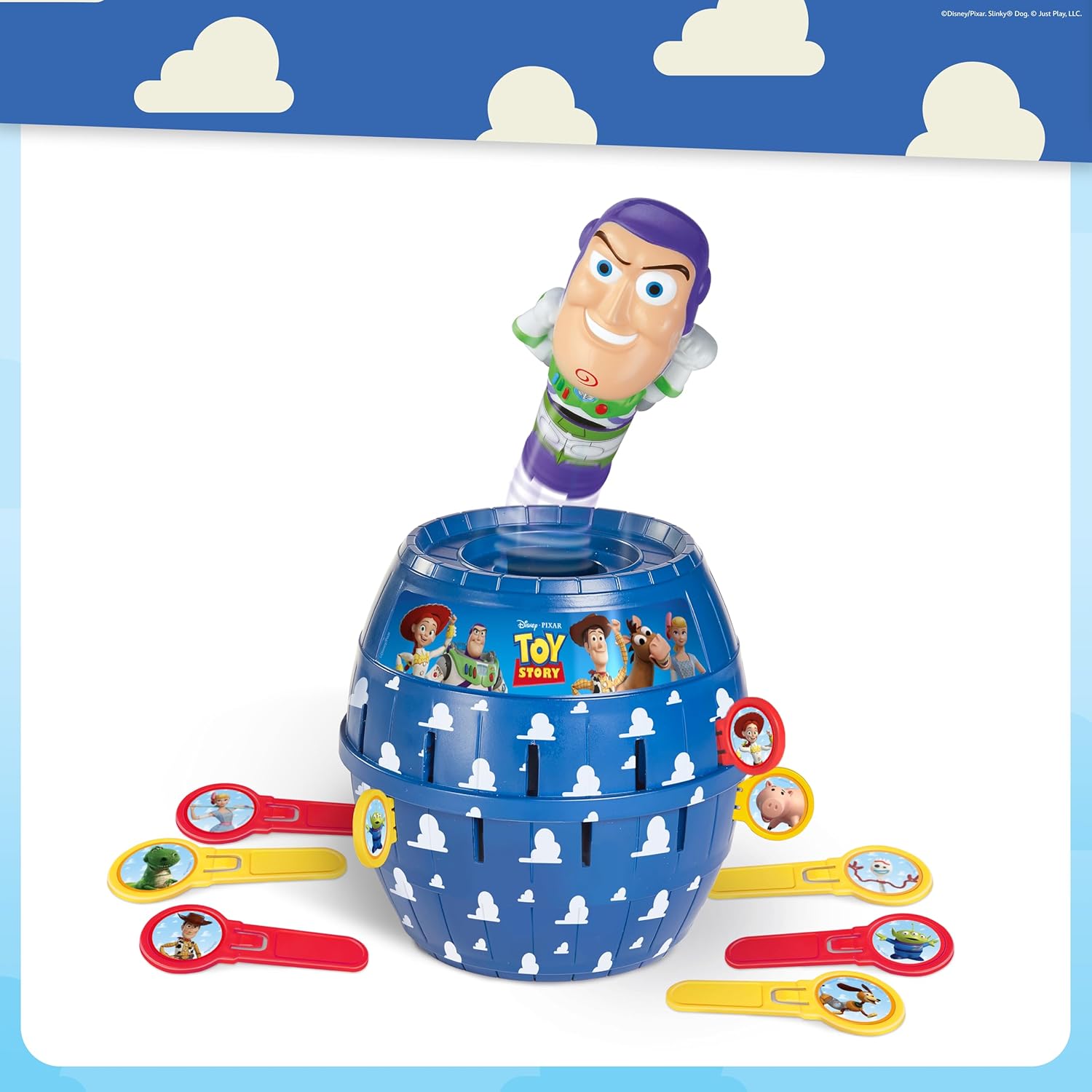 TOMY Pop Up Buzz Lightyear Game, Toy Story Kids Action Game, Family Guessing Game with Pegs, Fun Disney Pixar Buzz Lightyear Barrel Game, Fast Turn-Taking Play for 2–4 Players, Ages 4+