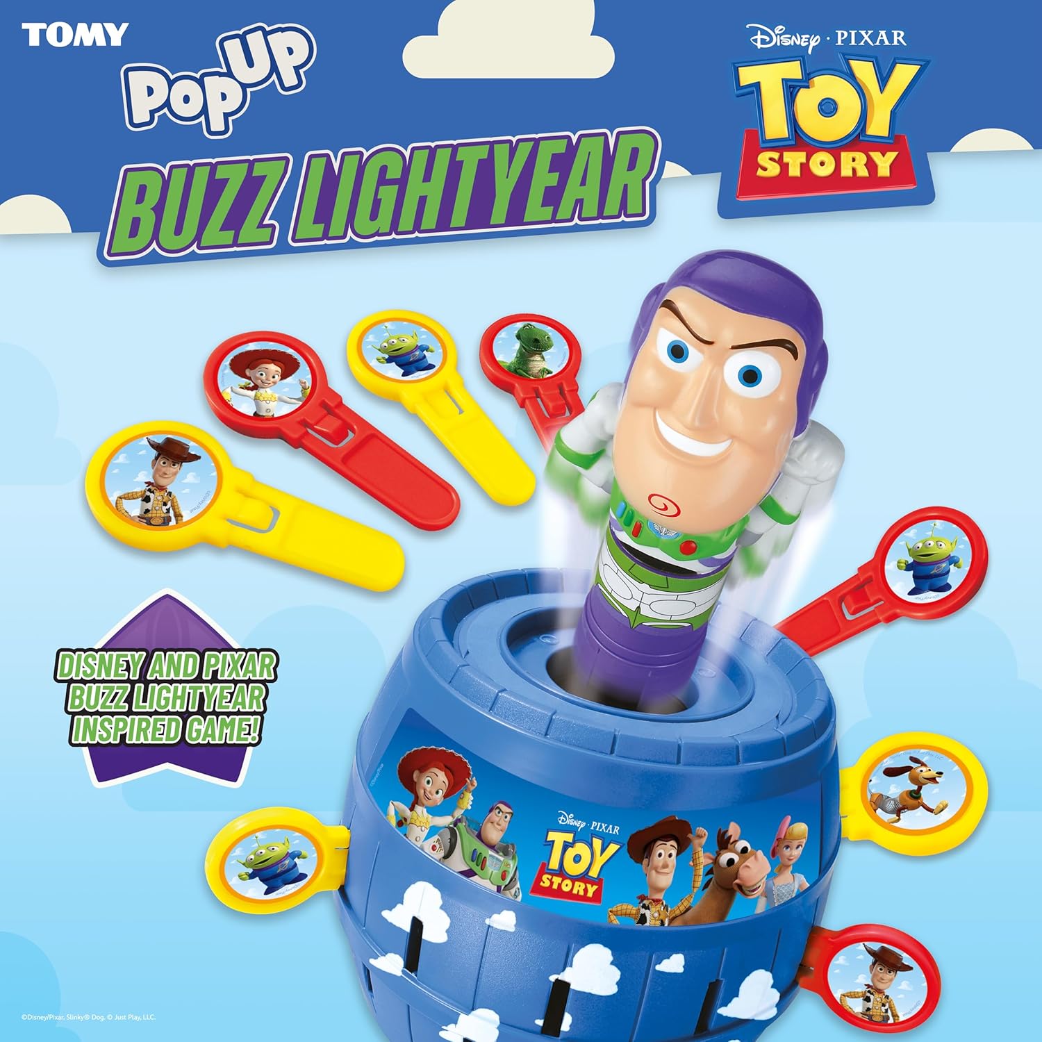TOMY Pop Up Buzz Lightyear Game, Toy Story Kids Action Game, Family Guessing Game with Pegs, Fun Disney Pixar Buzz Lightyear Barrel Game, Fast Turn-Taking Play for 2–4 Players, Ages 4+