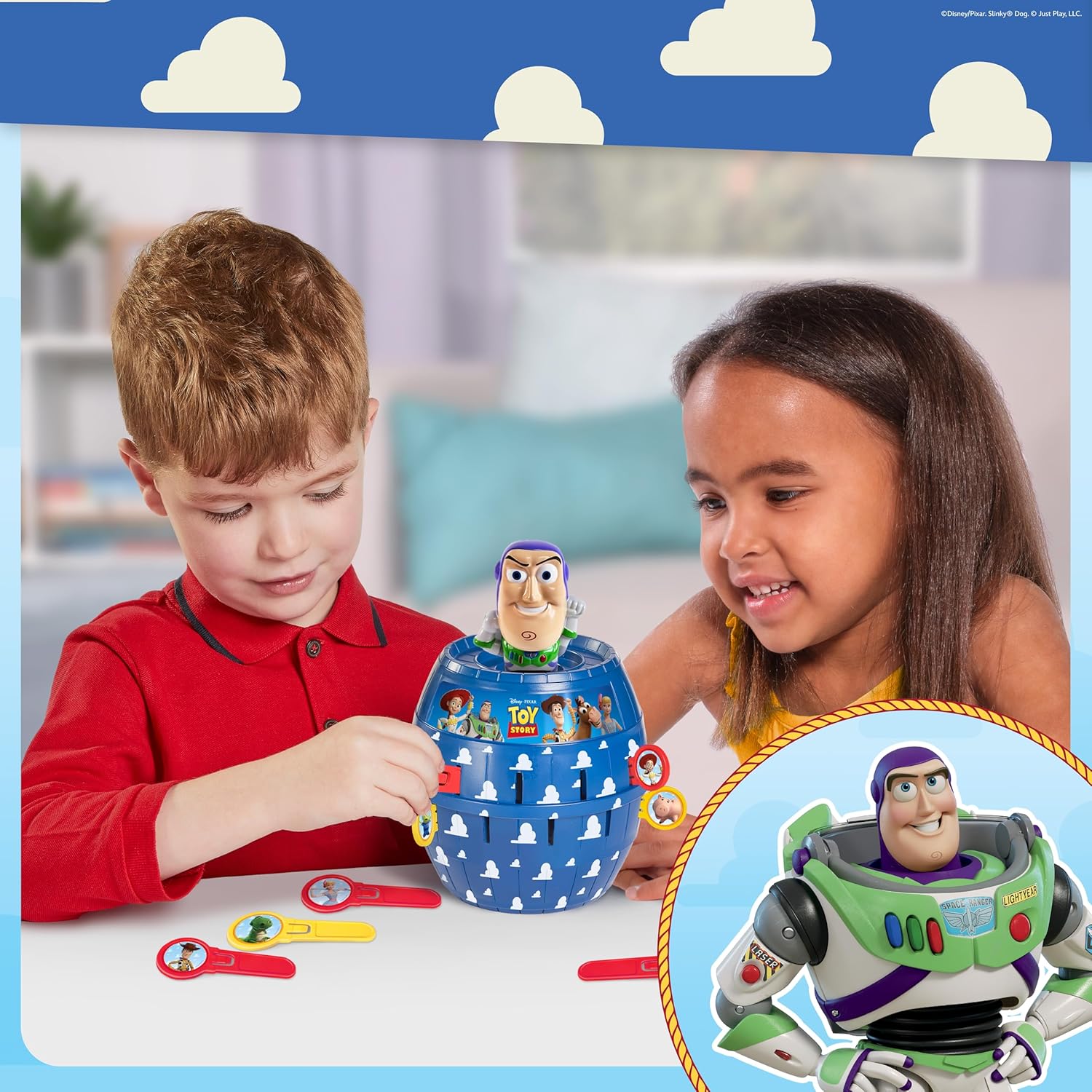TOMY Pop Up Buzz Lightyear Game, Toy Story Kids Action Game, Family Guessing Game with Pegs, Fun Disney Pixar Buzz Lightyear Barrel Game, Fast Turn-Taking Play for 2–4 Players, Ages 4+