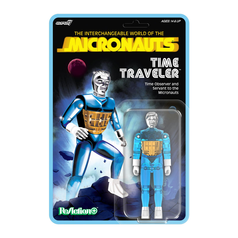 Super7 Reaction+ Micronauts Time Traveler (blu traslucido) - Action figure Micronauts da 10,2 cm con accessori - Classici oggetti da collezione fantascientifici e giocattoli retrò