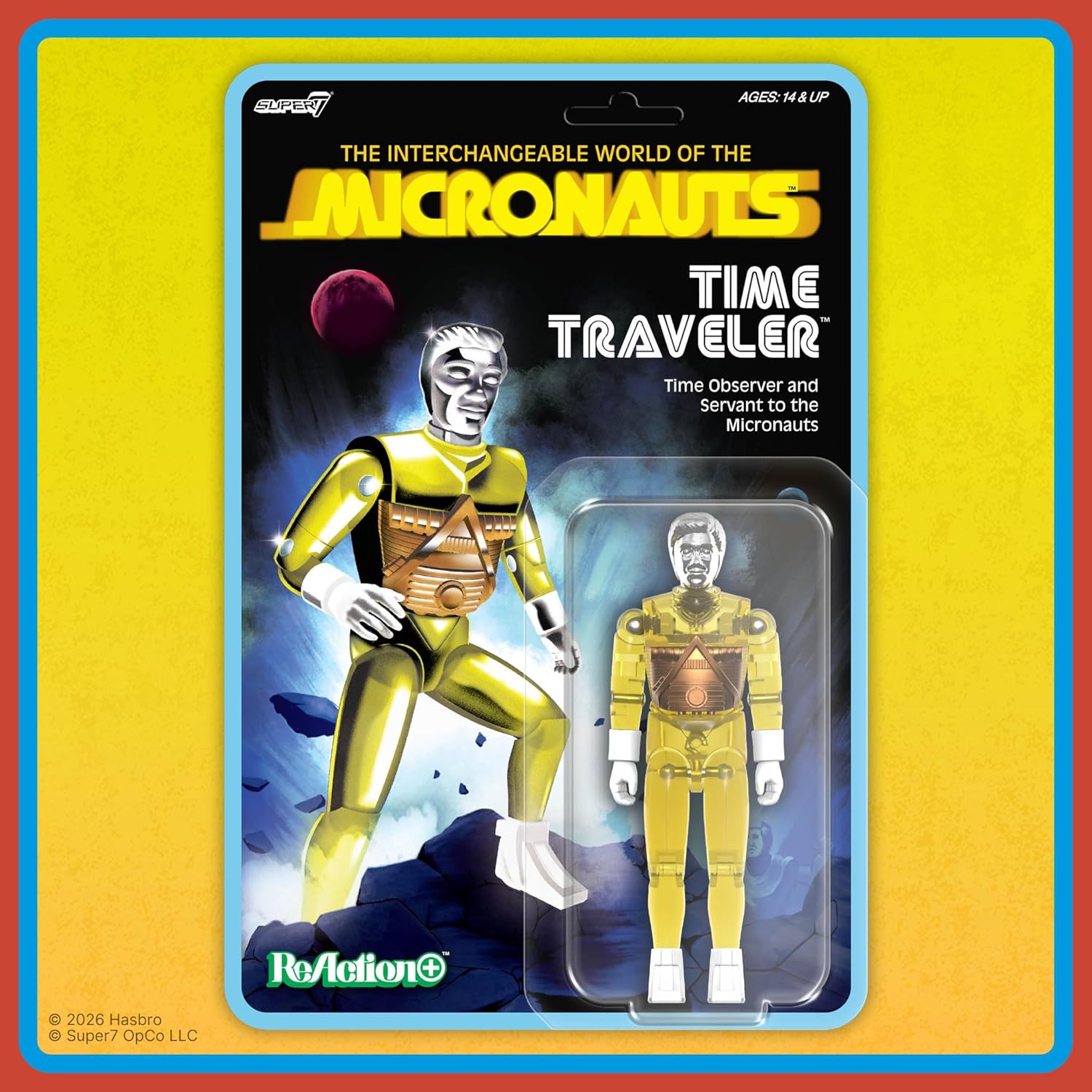 Super7 Reaction+ Micronauts Voyageur dans Le Temps (Jaune translucide) – Figurine Micronauts de 10,2 cm avec Accessoires – Objets de Collection Classiques et Jouets rétro