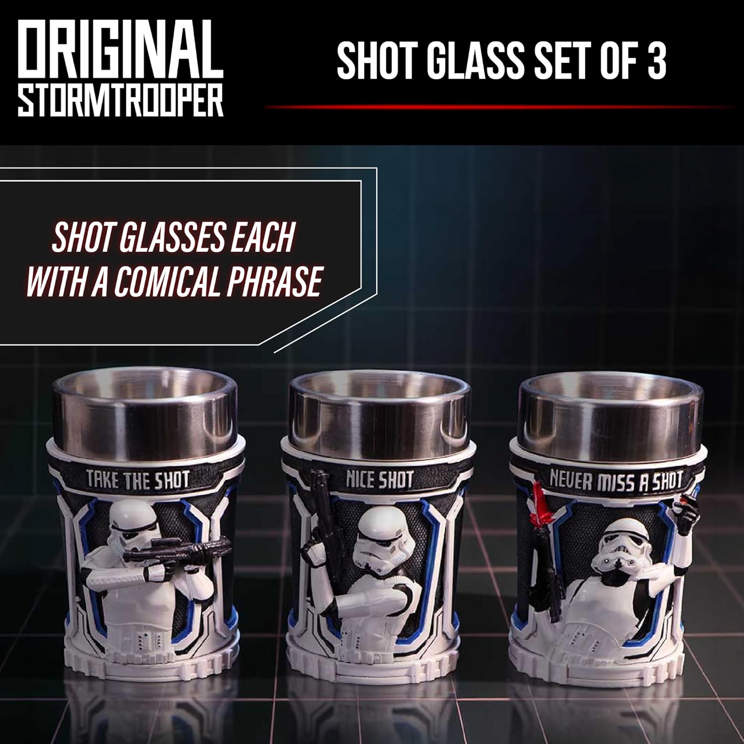 Nemesis Now Star Wars Stormtrooper Shot Glass Set of 3 - Collectible Resin Shot Glasses with 3D Sculpted Design, Stainless Steel Inserts, 8.7cm