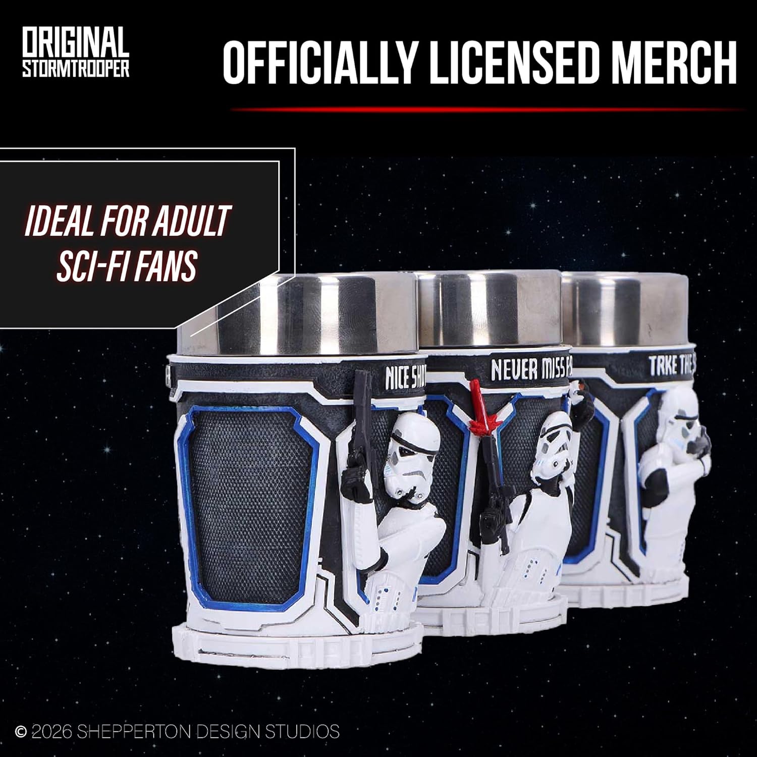 Nemesis Now Star Wars Stormtrooper Shot Glass Set of 3 - Collectible Resin Shot Glasses with 3D Sculpted Design, Stainless Steel Inserts, 8.7cm