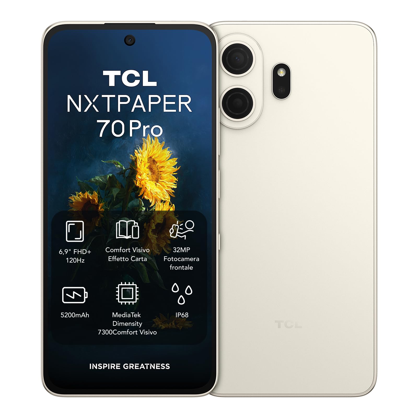TCL NXTPAPER 70 Pro 5G smartphone 6.9" FHD+ 120Hz 8GB+256GB 5200mAh big battery 33W fast charge Anti-glare Anti-blue light display Protect your eyes 50MP OIS+EIS camera, IP68, Dual SIM, Nebula Gold
