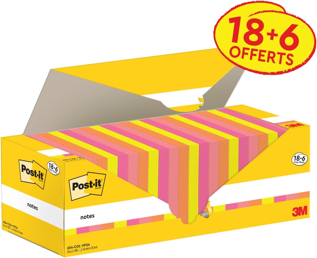 Post-it Foglietti Confezione da 18 blocchetti + 6 GRATIS, 100 Fogli per blocco, 76 mm x 76 mm, Colori Assortiti - Foglietti Adesivi Fogli Adesivi per Appunti, Elenchi & Promemoria