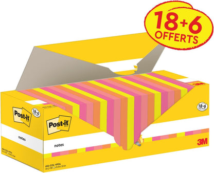 Post-it Foglietti Confezione da 18 blocchetti + 6 GRATIS, 100 Fogli per blocco, 76 mm x 76 mm, Colori Assortiti - Foglietti Adesivi Fogli Adesivi per Appunti, Elenchi & Promemoria