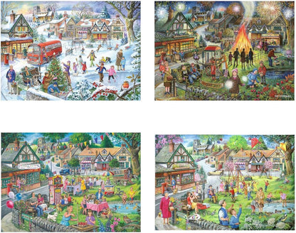 The House of Puzzles Seasons On The Green Jigsaw Set - 4 x 500 Piece Jigsaws For Adults, Multi Puzzle Pack, Artist Illustrated, Deluxe Puzzle Gifts, Sustainably Made