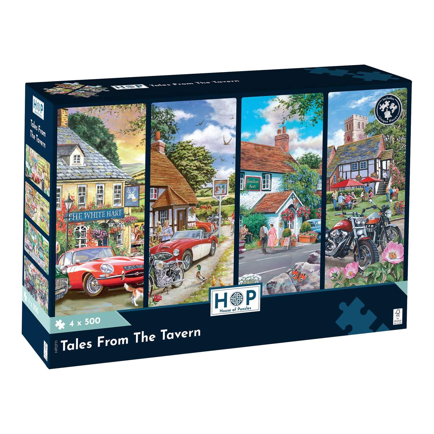 The House of Puzzles Tales From The Tavern Jigsaw Set - 4 x 500 Piece Jigsaws For Adults, Multi Puzzle Pack, Artist Illustrated, Deluxe Puzzle Gifts, Sustainably Made