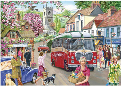 The House of Puzzles | Here Comes the Bus 500 Piece Jigsaw Puzzle | Towns and Villages Theme | Artwork by Robert Barry