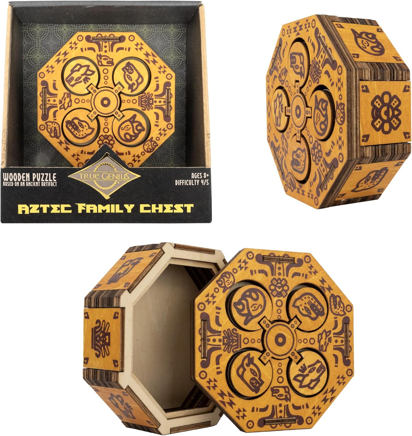 True Genius Aztec Family Chest Wooden Puzzle Box – Secret Compartment Brainteaser Gift Box Wood Puzzle (Difficulty Level 4), STEM Brain Game for Kids 8+ & Adults