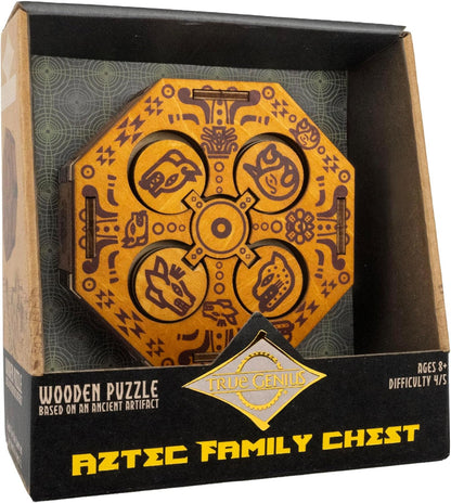 True Genius Aztec Family Chest Wooden Puzzle Box – Secret Compartment Brainteaser Gift Box Wood Puzzle (Difficulty Level 4), STEM Brain Game for Kids 8+ & Adults