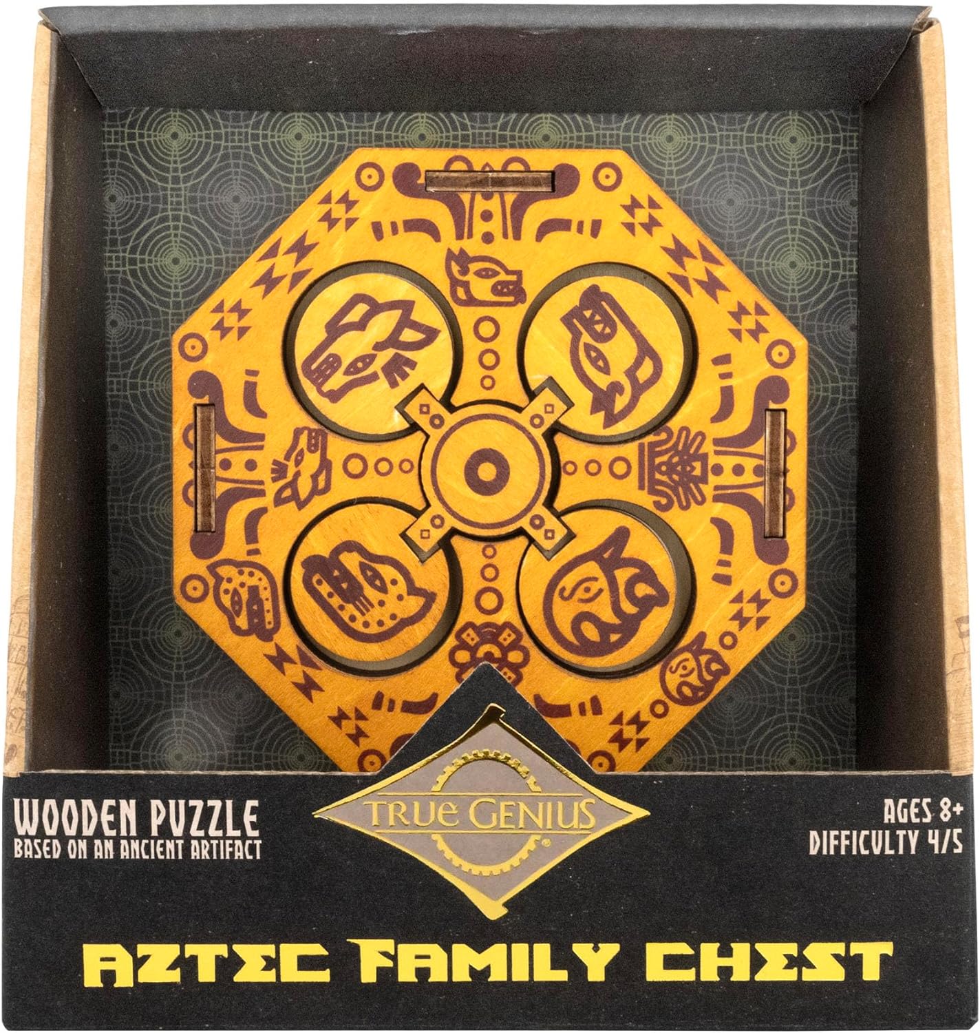 True Genius Aztec Family Chest Wooden Puzzle Box – Secret Compartment Brainteaser Gift Box Wood Puzzle (Difficulty Level 4), STEM Brain Game for Kids 8+ & Adults