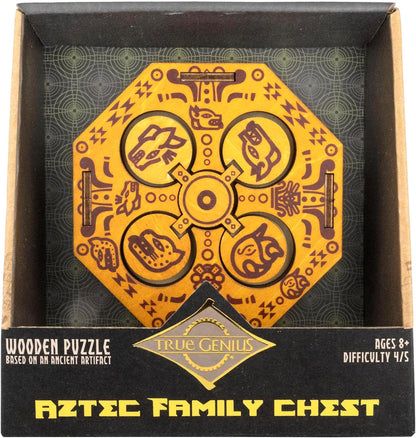 True Genius Aztec Family Chest Wooden Puzzle Box – Secret Compartment Brainteaser Gift Box Wood Puzzle (Difficulty Level 4), STEM Brain Game for Kids 8+ & Adults