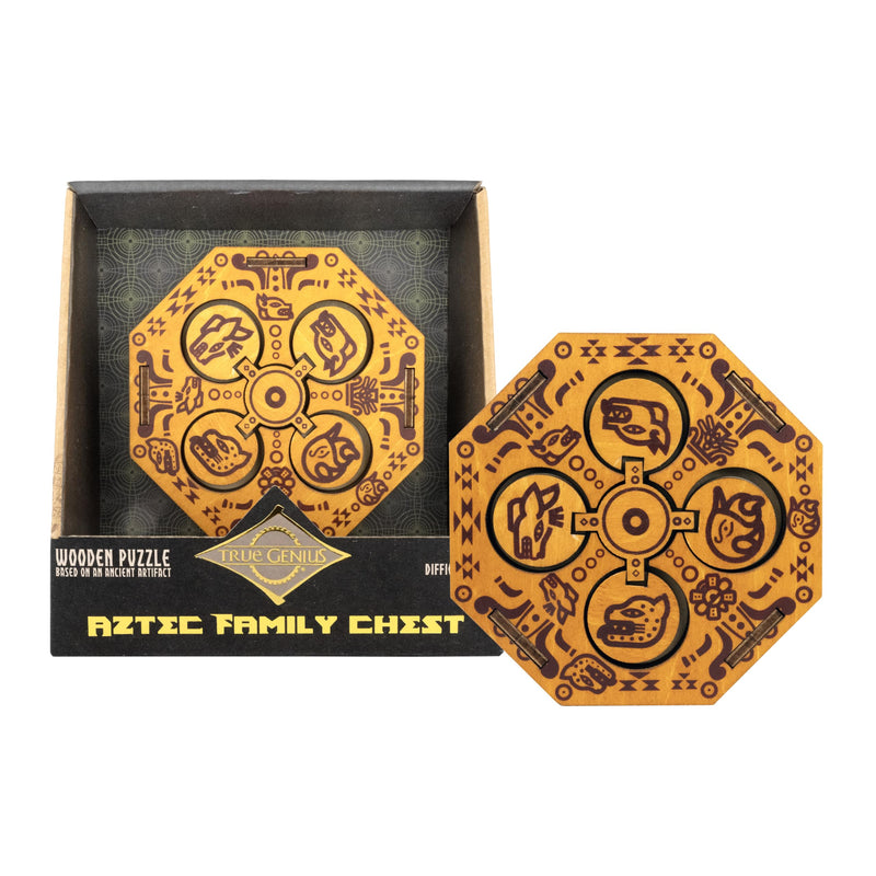 True Genius Aztec Family Chest Wooden Puzzle Box – Secret Compartment Brainteaser Gift Box Wood Puzzle (Difficulty Level 4), STEM Brain Game for Kids 8+ & Adults