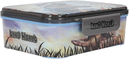 Depesche 13987 Dino World Lunch Box in Blue, with Dinosaur Motif and Fire Background, Lunch Box with 3 Compartments and Flexible Divider