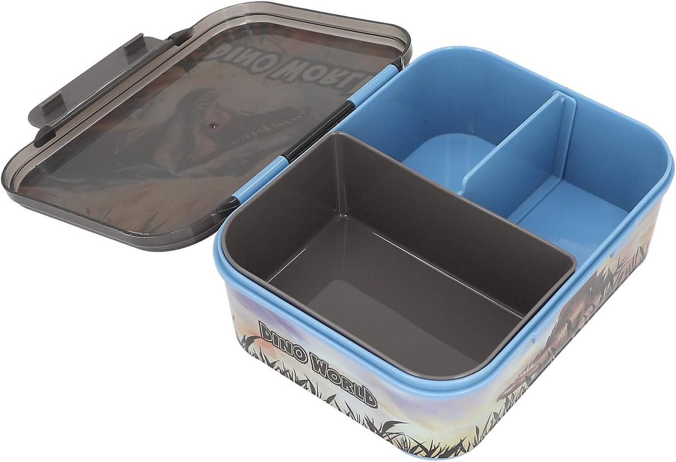 Depesche 13987 Dino World Lunch Box in Blue, with Dinosaur Motif and Fire Background, Lunch Box with 3 Compartments and Flexible Divider