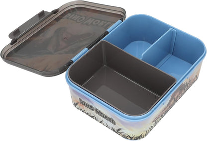 Depesche 13987 Dino World Lunch Box in Blue, with Dinosaur Motif and Fire Background, Lunch Box with 3 Compartments and Flexible Divider