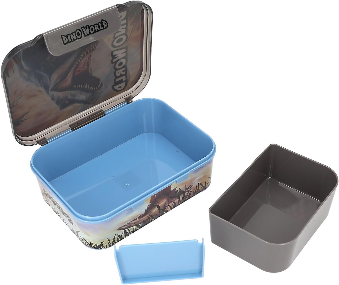 Depesche 13987 Dino World Lunch Box in Blue, with Dinosaur Motif and Fire Background, Lunch Box with 3 Compartments and Flexible Divider