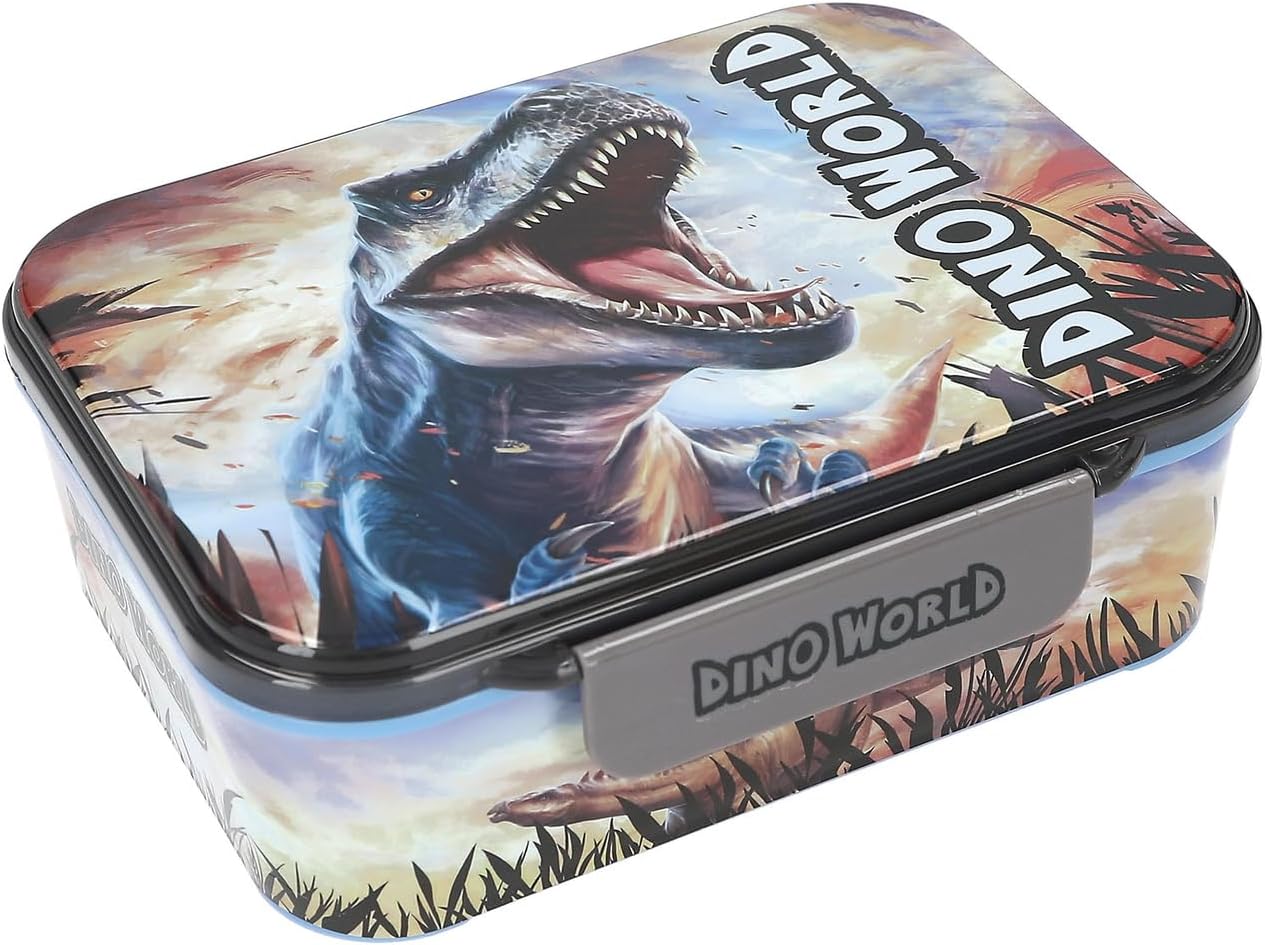 Depesche 13987 Dino World Lunch Box in Blue, with Dinosaur Motif and Fire Background, Lunch Box with 3 Compartments and Flexible Divider