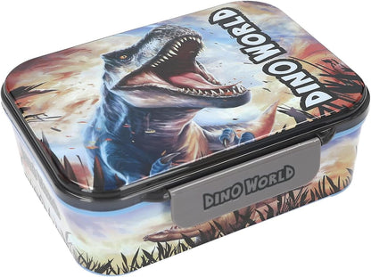 Depesche 13987 Dino World Lunch Box in Blue, with Dinosaur Motif and Fire Background, Lunch Box with 3 Compartments and Flexible Divider