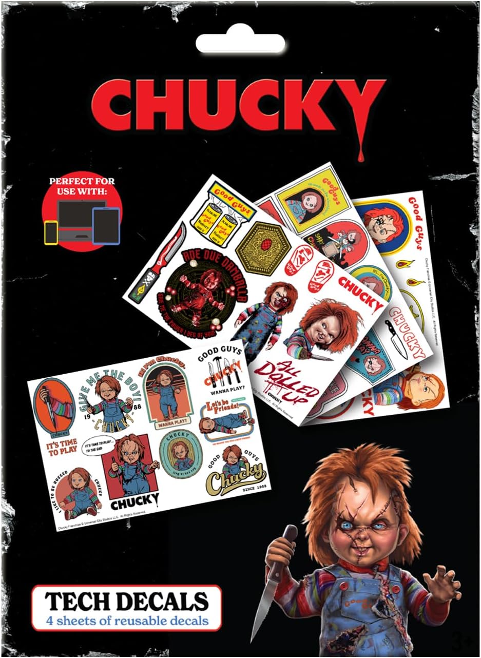 Chucky Tech Aufkleber-Set – 4 wiederverwendbare Vinylbögen mit über 35 Horror-Aufklebern mit Kinderspiel-Icons für Laptop, Telefon, Konsole und Wasserflasche Dekoration
