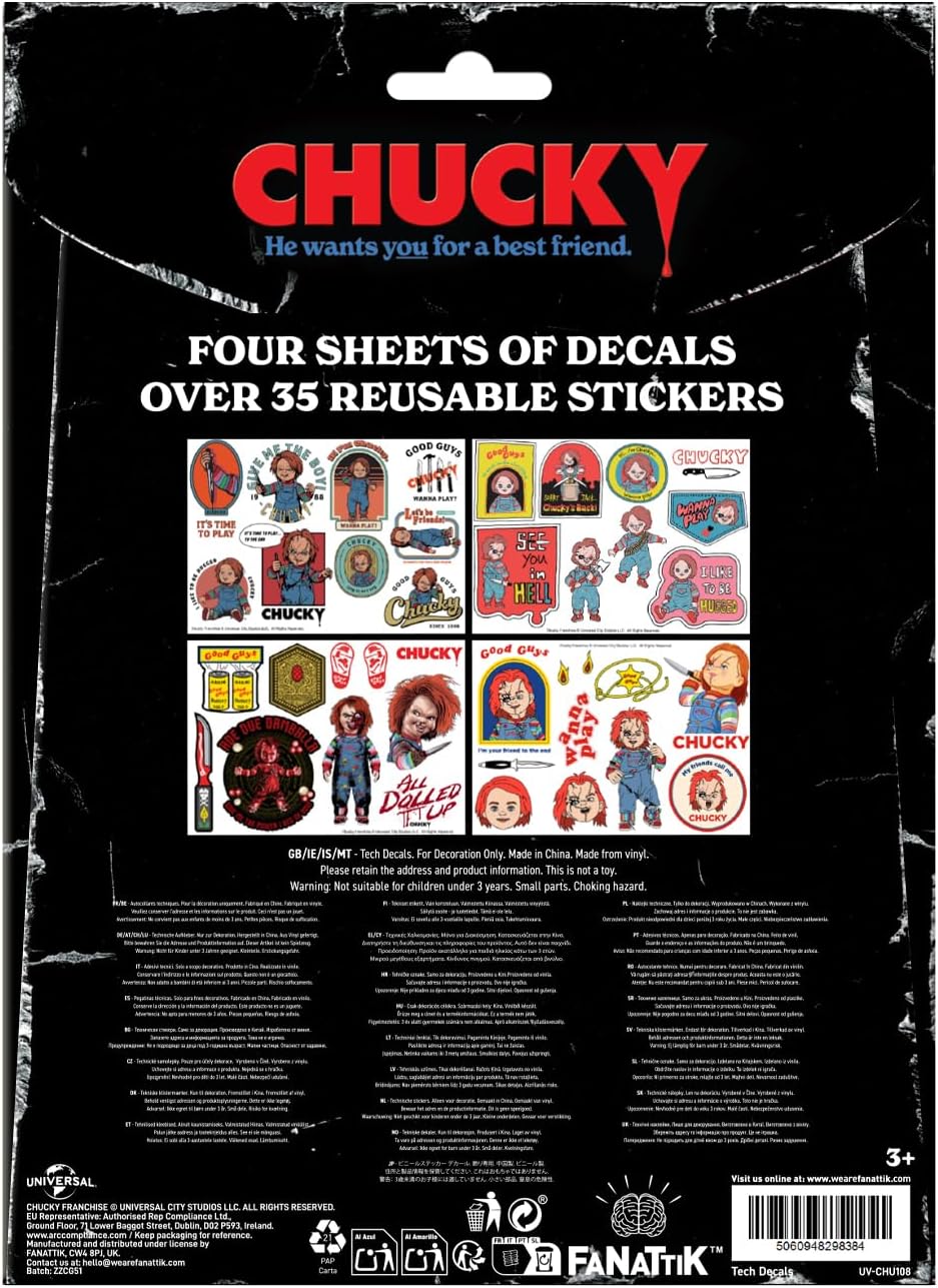 Chucky Tech Aufkleber-Set – 4 wiederverwendbare Vinylbögen mit über 35 Horror-Aufklebern mit Kinderspiel-Icons für Laptop, Telefon, Konsole und Wasserflasche Dekoration