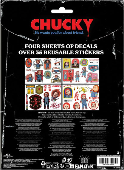 Chucky Tech Aufkleber-Set – 4 wiederverwendbare Vinylbögen mit über 35 Horror-Aufklebern mit Kinderspiel-Icons für Laptop, Telefon, Konsole und Wasserflasche Dekoration