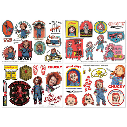 Chucky Tech Aufkleber-Set – 4 wiederverwendbare Vinylbögen mit über 35 Horror-Aufklebern mit Kinderspiel-Icons für Laptop, Telefon, Konsole und Wasserflasche Dekoration