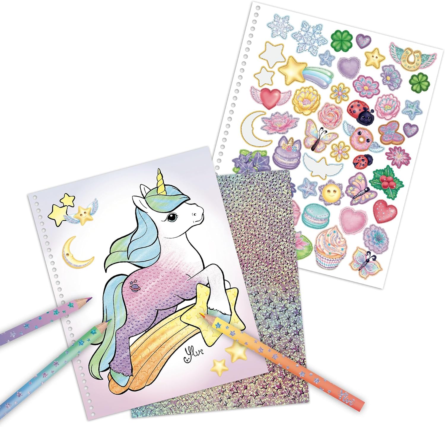 Depesche 13797 Ylvi Lucky Dragon Colouring Book with 25 Pre-Printed Pages for Colouring and Stickers, Includes Colouring Pencils, Sticker Sheet and Stencil