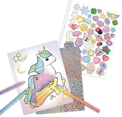 Depesche 13797 Ylvi Lucky Dragon Colouring Book with 25 Pre-Printed Pages for Colouring and Stickers, Includes Colouring Pencils, Sticker Sheet and Stencil