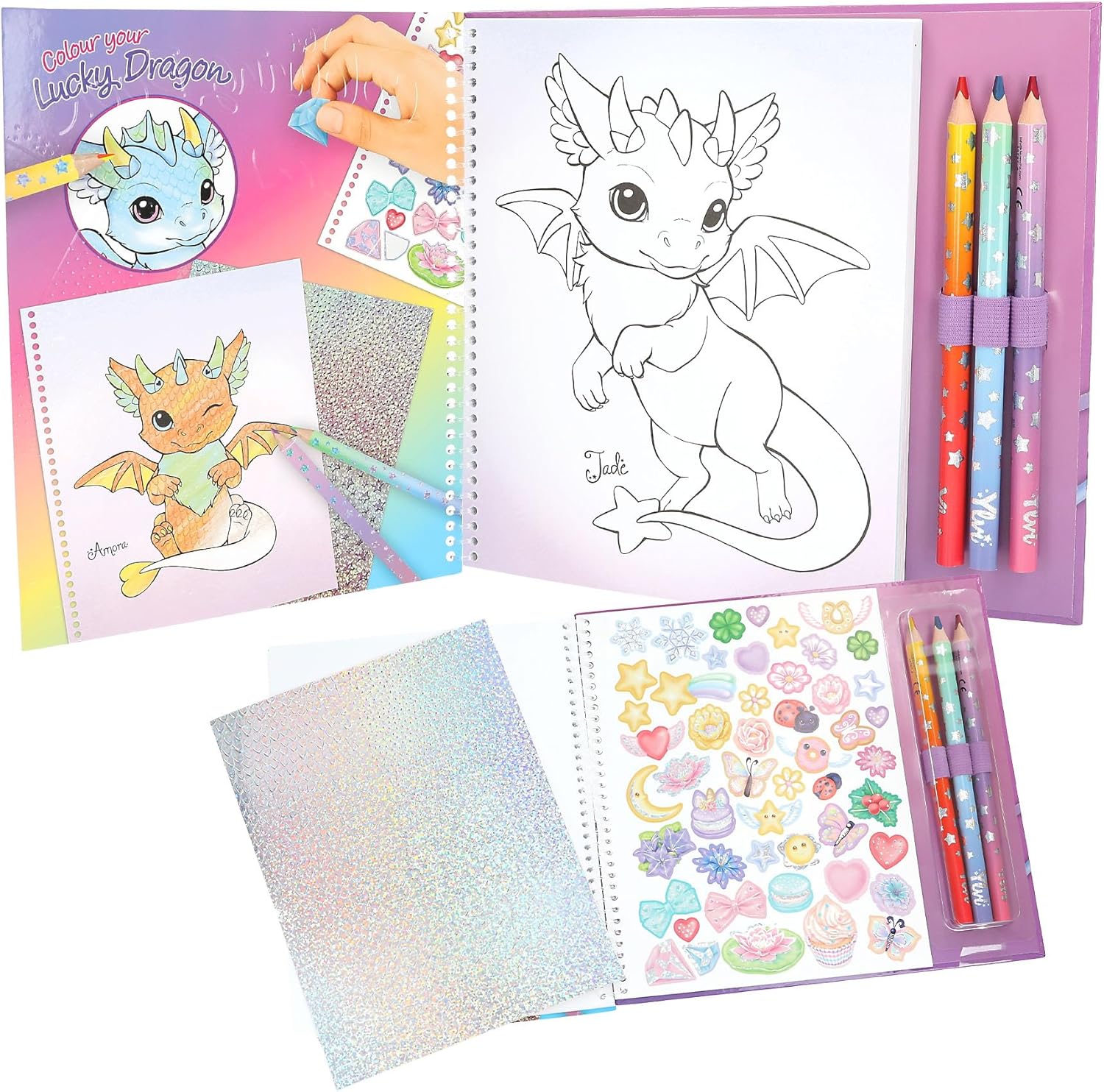 Depesche 13797 Ylvi Lucky Dragon Colouring Book with 25 Pre-Printed Pages for Colouring and Stickers, Includes Colouring Pencils, Sticker Sheet and Stencil