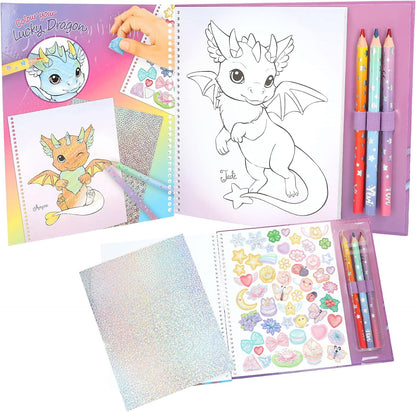 Depesche 13797 Ylvi Lucky Dragon Colouring Book with 25 Pre-Printed Pages for Colouring and Stickers, Includes Colouring Pencils, Sticker Sheet and Stencil
