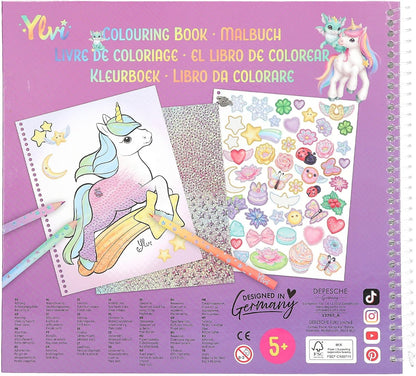 Depesche 13797 Ylvi Lucky Dragon Colouring Book with 25 Pre-Printed Pages for Colouring and Stickers, Includes Colouring Pencils, Sticker Sheet and Stencil