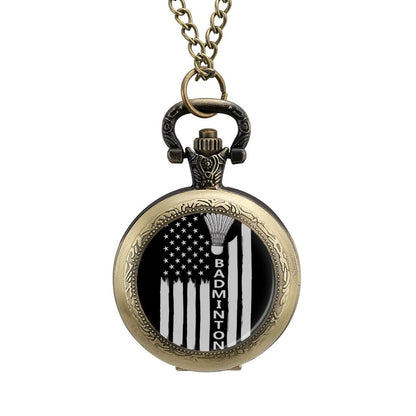 Badminton with American Flag Alloy Clock Vintage Pocket Watch Cute Hang Watches Pendent Necklace